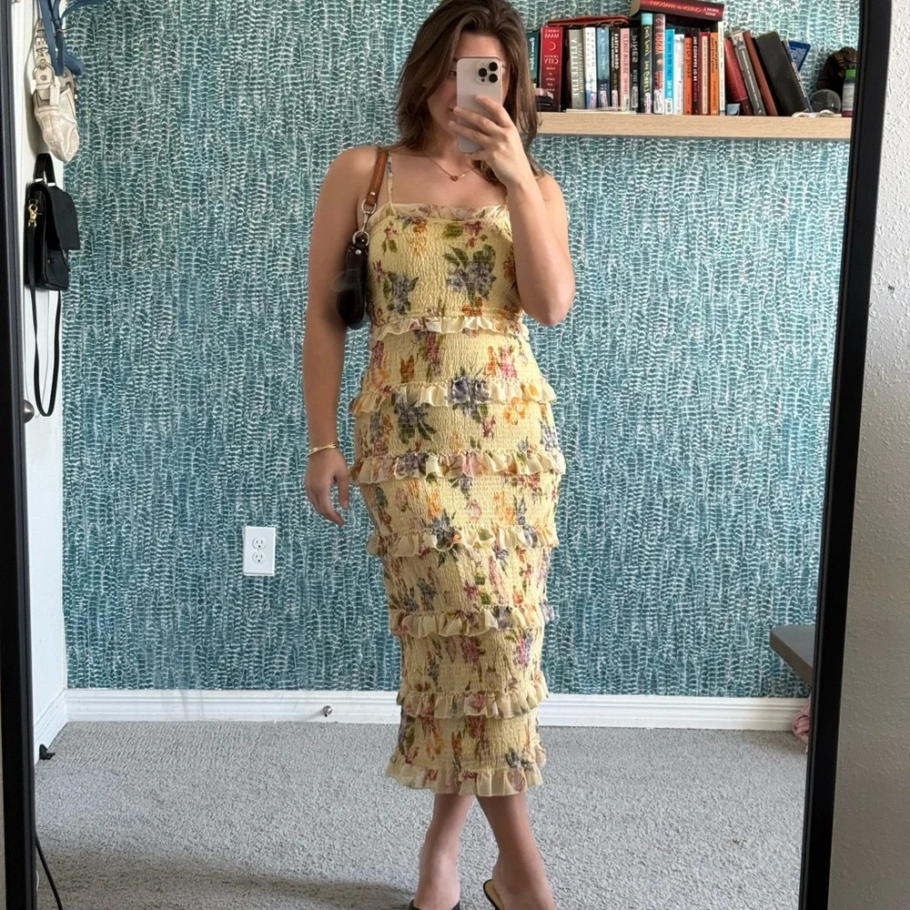 Let me Be Anthropologie Yellow Floral Ruffled Midi Dress - Picture 2 of 6